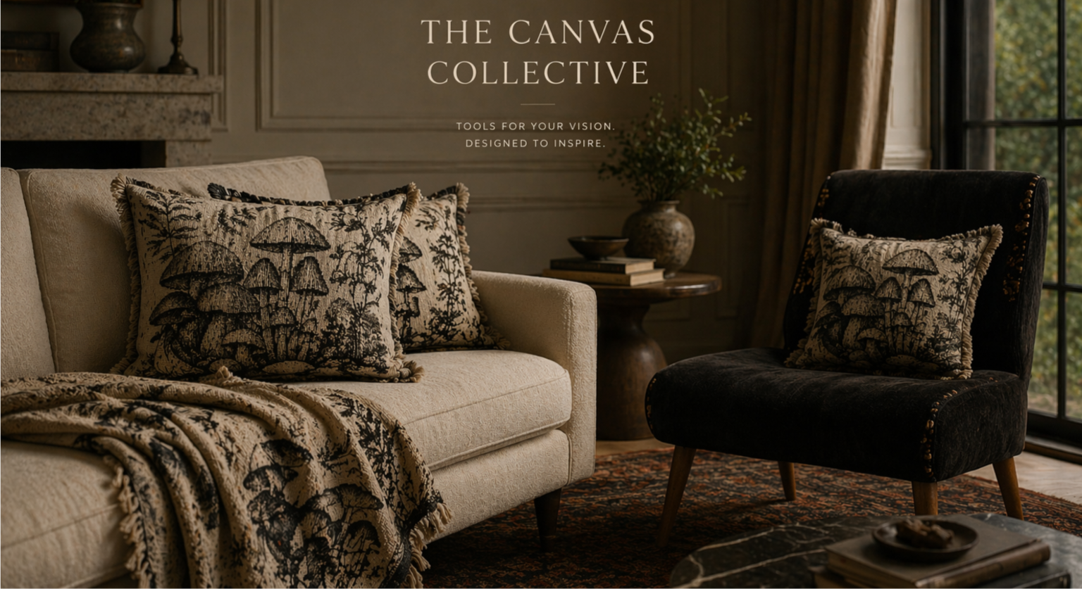 Luxury dark academia botanical living room interior featuring The Canvas Collective home décor, velvet armchair, archival bee cushion, hexagon jigsaw box, ceramic bowl, marble table, antique books and botanical styling in warm natural light.